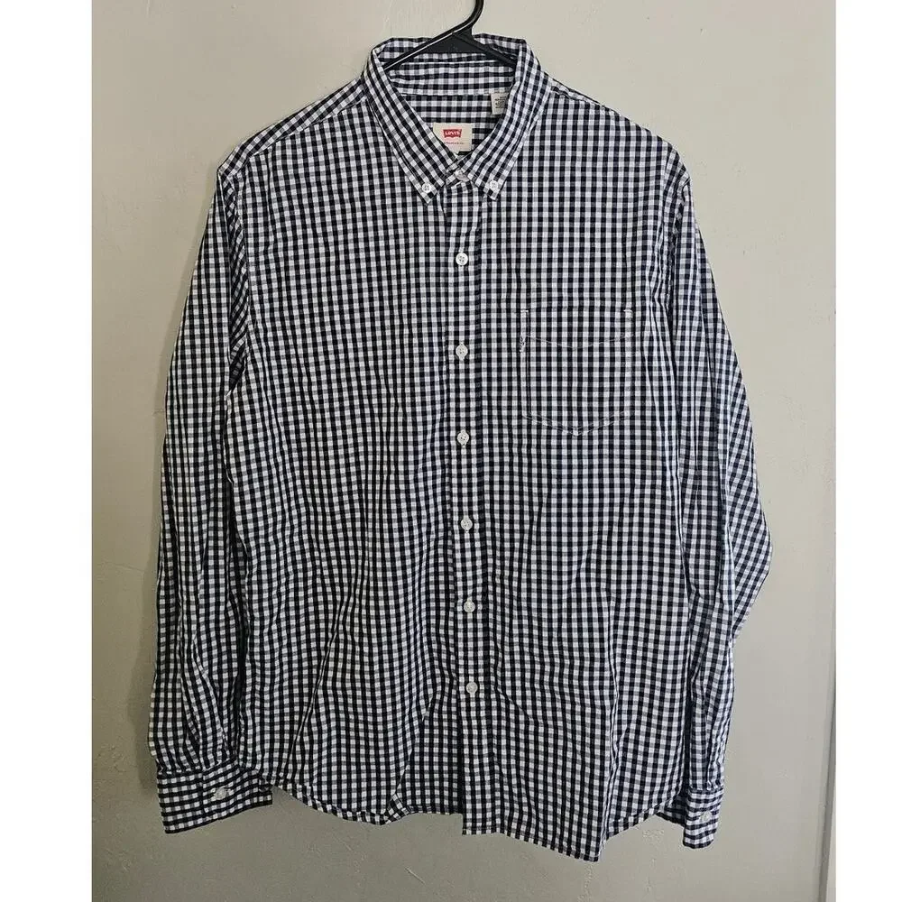 Levi's Men's Gingham Check Button Down Long Sleeve Shirt Navy White Size Large